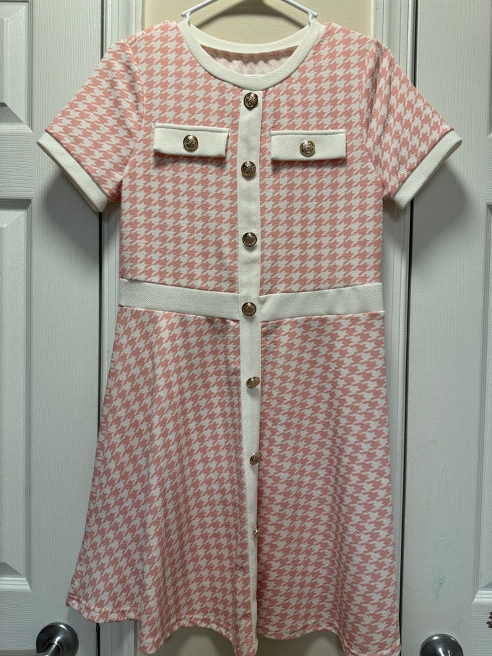 Girls Pink Houndstooth Knit Dress with White Trim